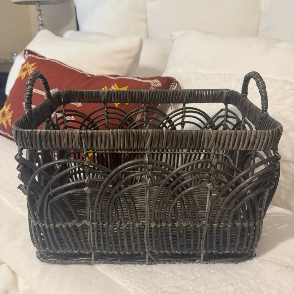 Woven Dark Brown Rattan Storage Basket with Handles